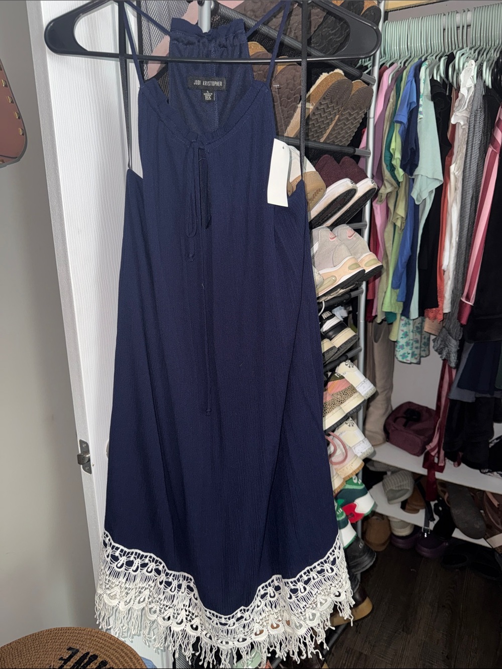 Jodi Kristopher Navy Dress with White Crochet Hem